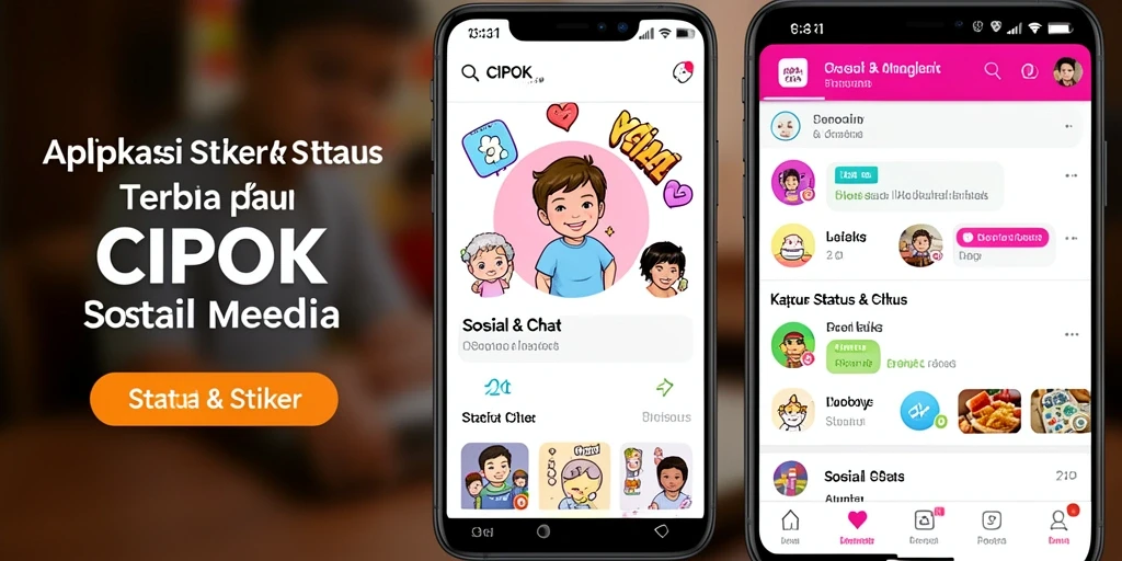 Antarmuka aplikasi CIPOK yang menarik dan penuh warna untuk Status & Stiker.