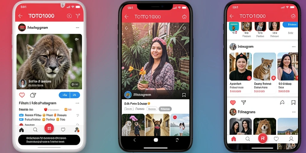 Tampilan antarmuka aplikasi TOTO1000 dengan fitur filter Instagram yang menarik.